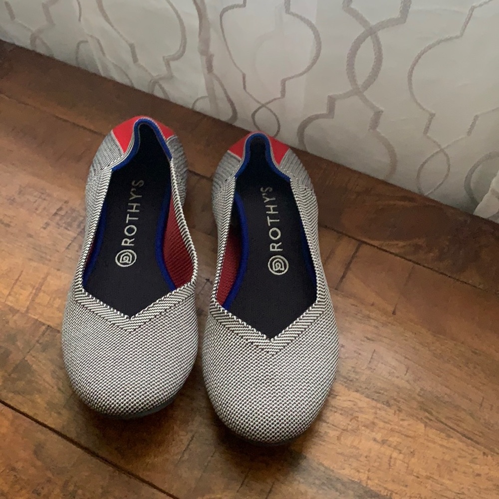 Rothys. Shale cherry ribbon stripe ballet flat. Retired color.